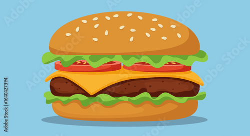 illustration of a cheeseburger with lettuce, cheese, and tomato