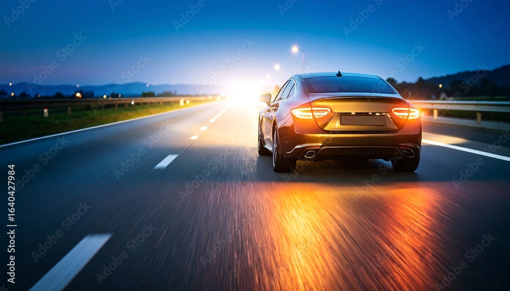 Fototapeta premium A dark gray car on a highway at twilight