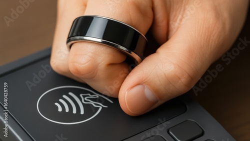 AI driven payment solution concept A person using a smart ring to make a contactless payment on a digital terminal.