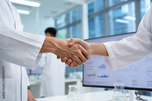 Two scientists in lab coats shaking hands in a modern laboratory setting