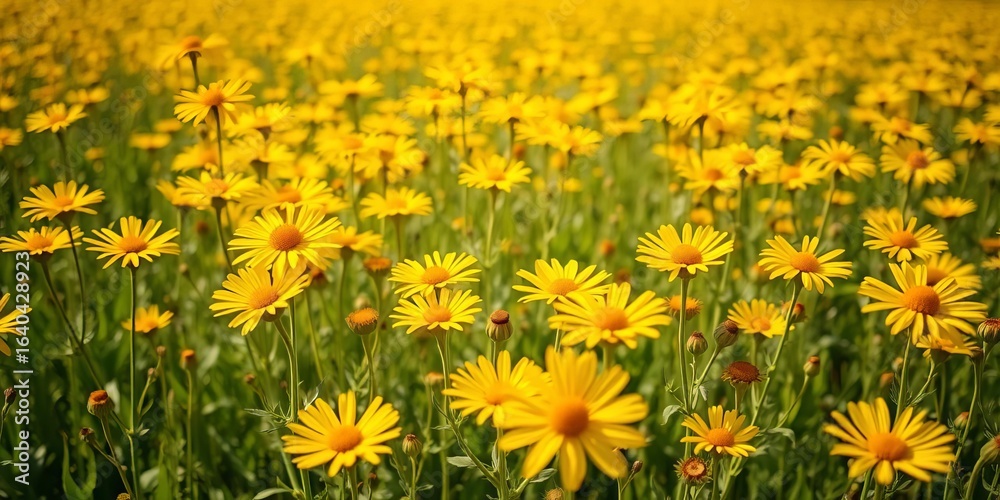 Obraz premium Vibrant sunny yellow field of wildflowers in full bloom, wildflower meadow, flowers