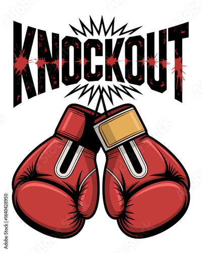 Powerful knockout illustration with red boxing gloves and dynamic text design representing strength and victory in combat sports