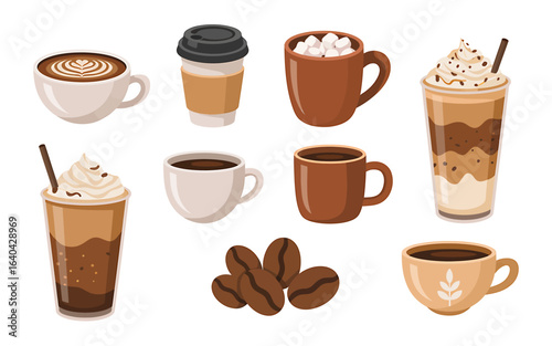 Assortment of Delicious Coffee Drinks and Coffee Beans Perfect for Cafes and Coffee Lovers Vector Illustration