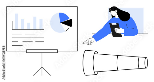 Woman holding clipboard pointing toward presentation screen with graphs, charts, text. Telescope represents long-term vision. Ideal for business analysis, strategy, teamwork, data insights, vision