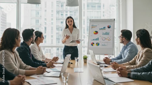 A female business leader presents a strategy and data analysis to her team in a modern boardroom during a meeting