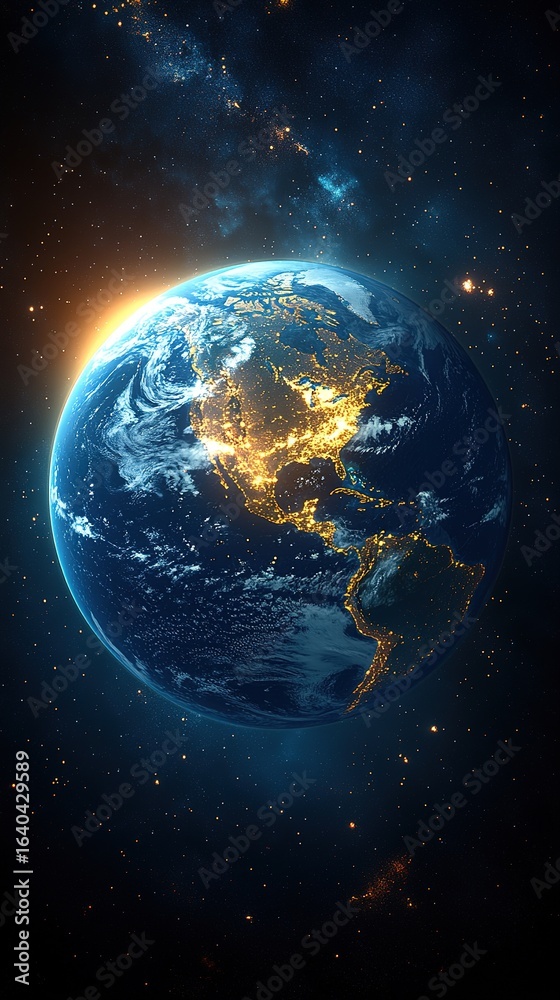 Fototapeta premium Earth at Night with Illuminated North American Cities Against Starry Space