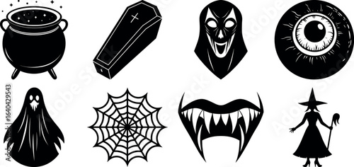Set of halloween silhouettes black icon and character. witch, creepy and spooky elements for halloween decorations, sticker. Vectors on isolated background.