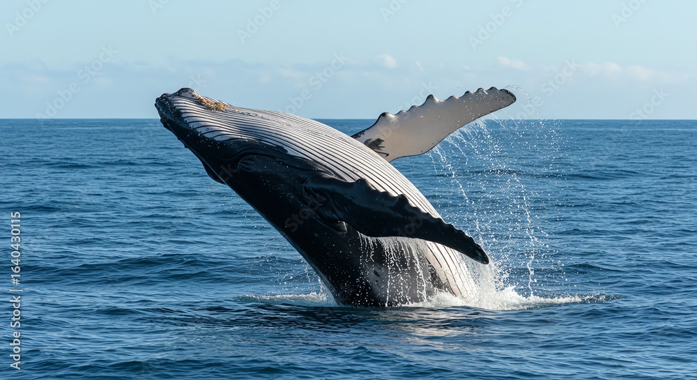 Fototapeta premium Humpback Whale Breaching in Open Ocean During Daytime with Blue Sky and Calm Water