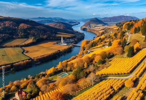 Wachau Valley's autumn vineyards & Danube River, aerial view,  vineyards,   serene