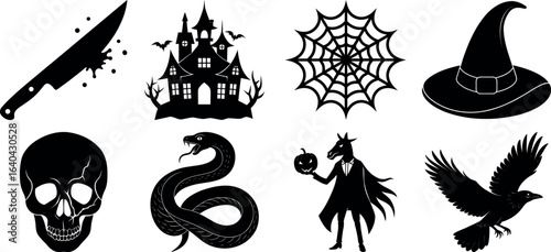 Set of halloween silhouettes black icon and character. witch, creepy and spooky elements for halloween decorations, sticker. Vectors on isolated background.