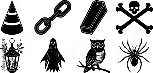 Set of halloween silhouettes black icon and character. witch, creepy and spooky elements for halloween decorations, sticker. Vectors on isolated background.