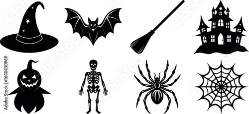 Set of halloween silhouettes black icon and character. witch, creepy and spooky elements for halloween decorations, sticker. Vectors on isolated background.