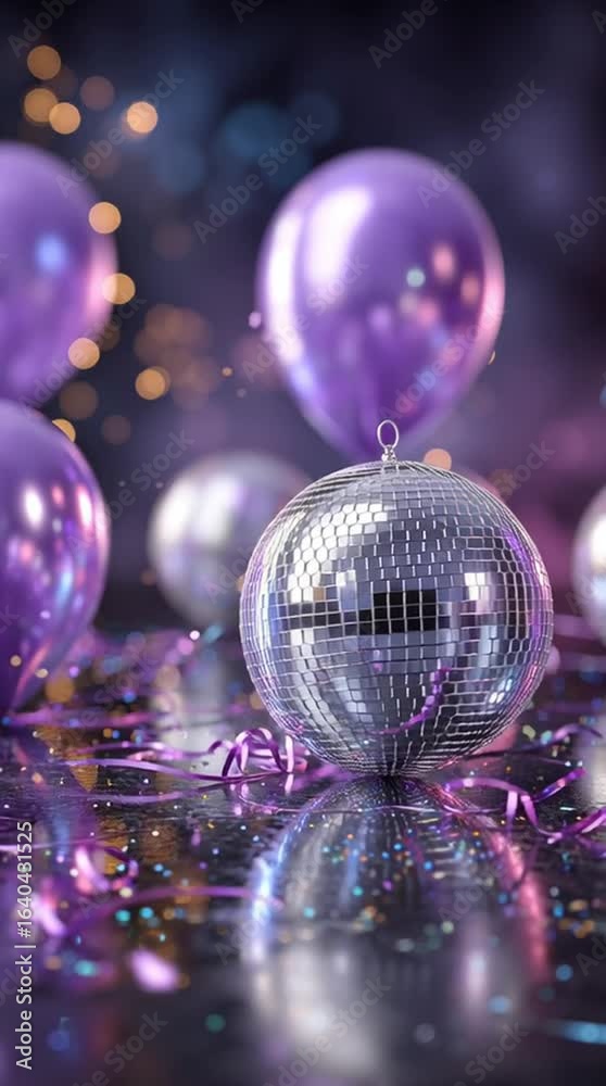 Celebration with purple balloons and a sparkling disco ball at a festive gathering