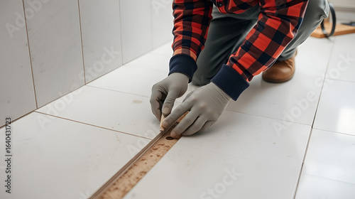 A construction worker sealing gaps between tiles during floor installation. Featuring craftsmanship and finishing work