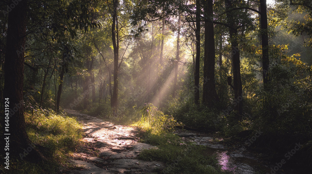 Fototapeta premium Sunlight streaming through trees in a forest illuminating a winding path