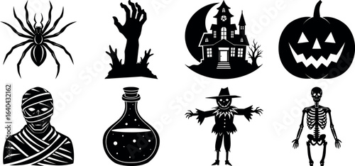 set of halloween element silhouette collection. Black and white vector. pmpkin, ghost, cat, horror house, witch, owl, raven bird, spider, witch hat