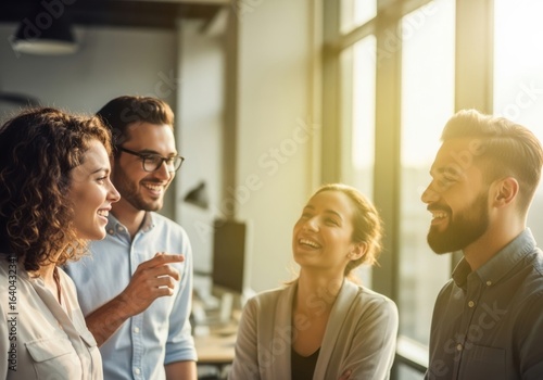 Diverse group of colleagues laughing and interacting in a bright office
