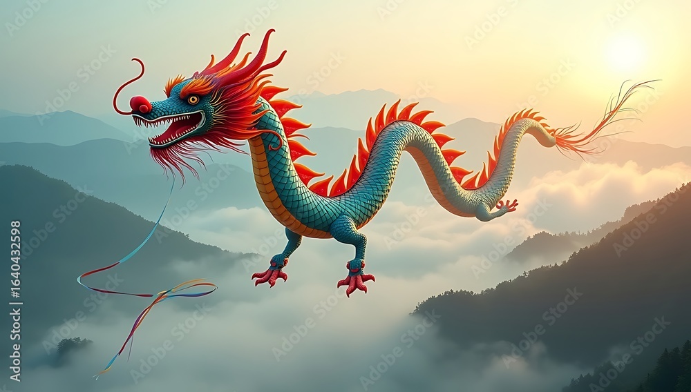 Fototapeta premium A giant Chinese dragon-shaped kite soaring above misty mountains, with its colorful silk tail flowing in the wind, symbolizing celebration and cultural heritage.