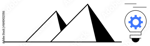 Two black pyramids symbolize stability alongside a light bulb containing a blue gear suggesting innovation and strategy. Ideal for creativity, engineering, problem-solving, structure, knowledge