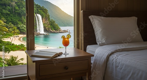 Fototapeta Naklejka Na Ścianę i Meble -  Bedside table in a peaceful mountain villa, drink and book, tropical white sand beach and waterfall