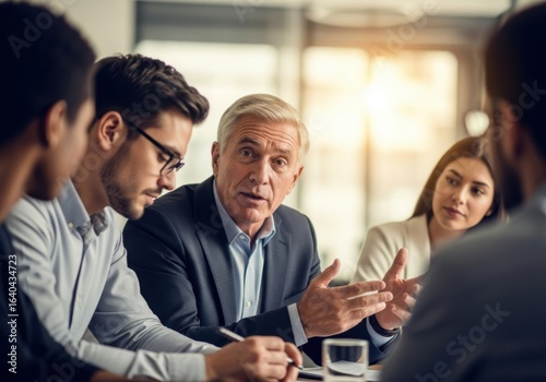 Diverse business team collaborates in a modern meeting room
