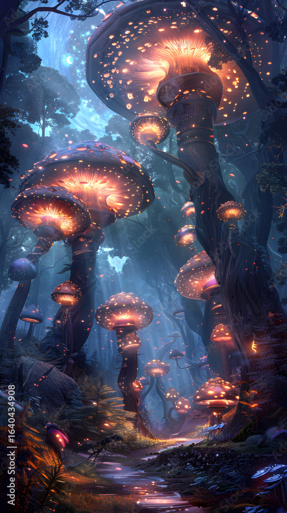 surreal glowing mushroom trail through dark enchanted woods surreal glowing mushroom trail through dark enchanted woods