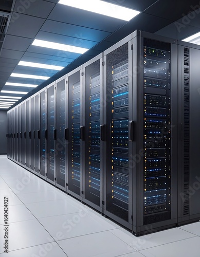A long row of sleek server racks fills a modern data center