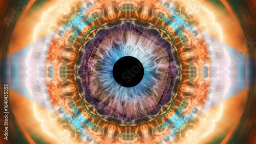 Close-up of a human iris with psychedelic multicolored patterns