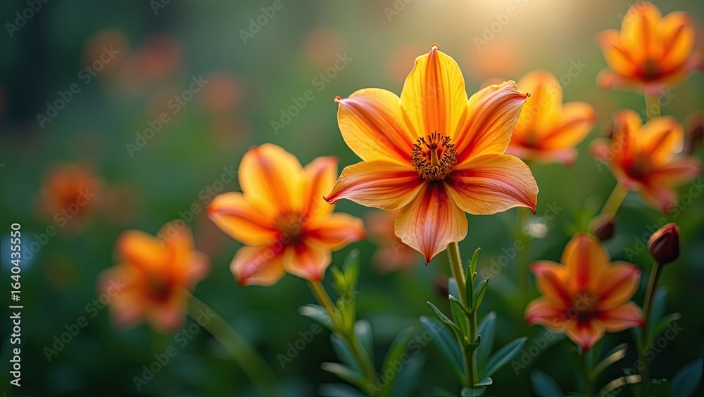 Close-up of vibrant orange and yellow flowers in a garden. Close-up of vibrant orange and yellow flowers in a garden.