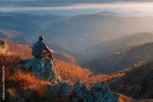 Autumn mountain hiker deep in thought about the scenery