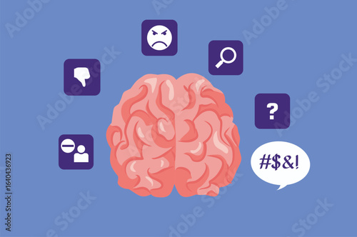 Social Media and Mental Health Effects Concept Illustration. Person suffers from low mood and dissociation due to negative effects of the internet usage 

