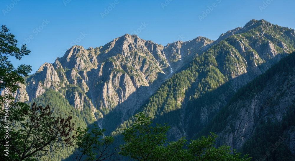 Obraz premium Majestic rocky mountain peaks bathed in sunlight with lush green forest foreground