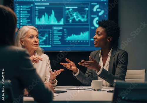 Diverse business professionals discussing data analytics on a large screen