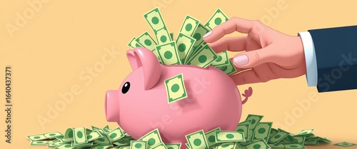 Cartoon piggy bank overflowing with dollar bills, businessman's hand reaching in ,  revenue,  budget