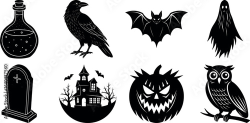 set of halloween element silhouette collection. Black and white vector. pmpkin, ghost, cat, horror house, witch, owl, raven bird, spider, witch hat