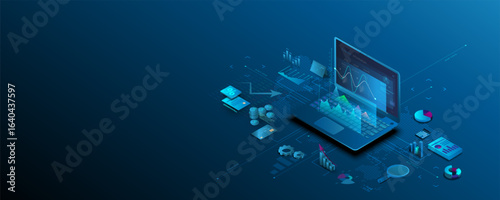 laptop technology Data analysis graphs, economics, finance and marketing, investing, stock trading.