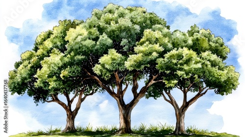 Watercolor Painting of Three Lush Trees Under a Blue Sky