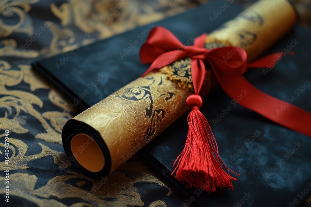Fototapeta premium Elegant scroll tied with a red ribbon on a dark surface, closeup view