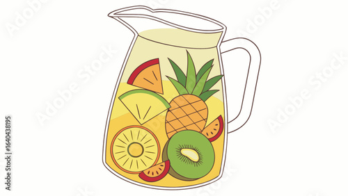 Refreshing fruit infused water in glass pitcher with kiwi pineapple and melon illustration