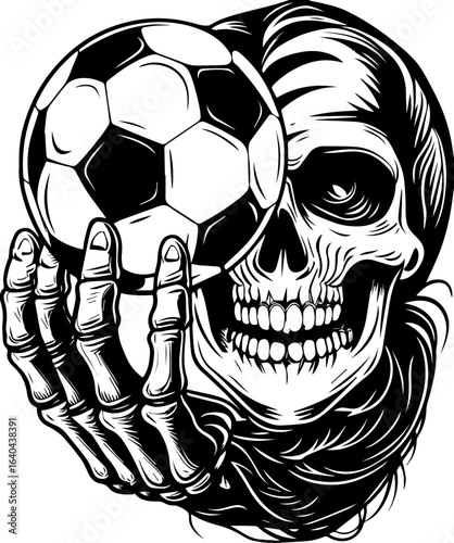 SVG tattoo of a street-style skeleton for Halloween. Grim Reaper Holding Soccer Ball in Vintage Black and White Style