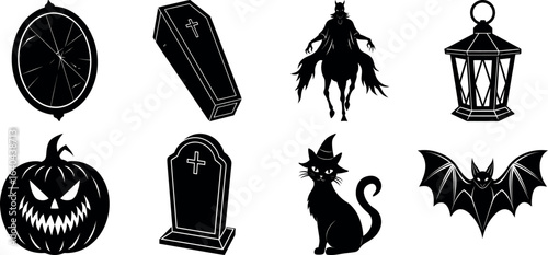 set of halloween element silhouette collection. Black and white vector. pmpkin, ghost, cat, horror house, witch, owl, raven bird, spider, witch hat