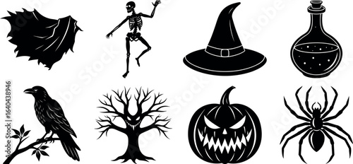 set of halloween element silhouette collection. Black and white vector. pmpkin, ghost, cat, horror house, witch, owl, raven bird, spider, witch hat