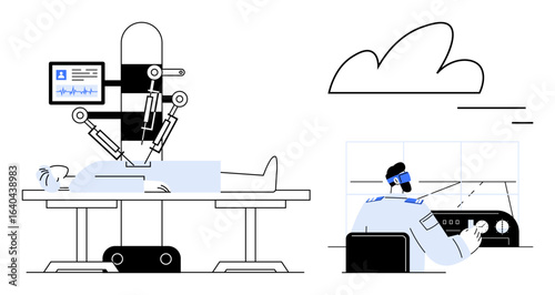 Robotic arm performing surgery on patient, guided by a doctor at a remote station with a control panel. Ideal for medical innovation, telemedicine, AI, healthcare, robotics, future tech, simple
