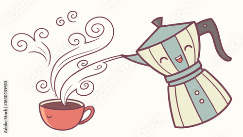 Cute moka pot pouring coffee into a cup illustration for coffee lovers and cafe promotions design