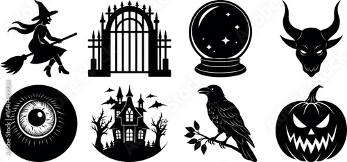 set of halloween element silhouette collection. Black and white vector. pmpkin, ghost, cat, horror house, witch, owl, raven bird, spider, witch hat