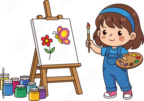 Adorable little girl painting butterfly and flower on canvas, colorful paint jars, creative art activity, child artist, kids painting fun