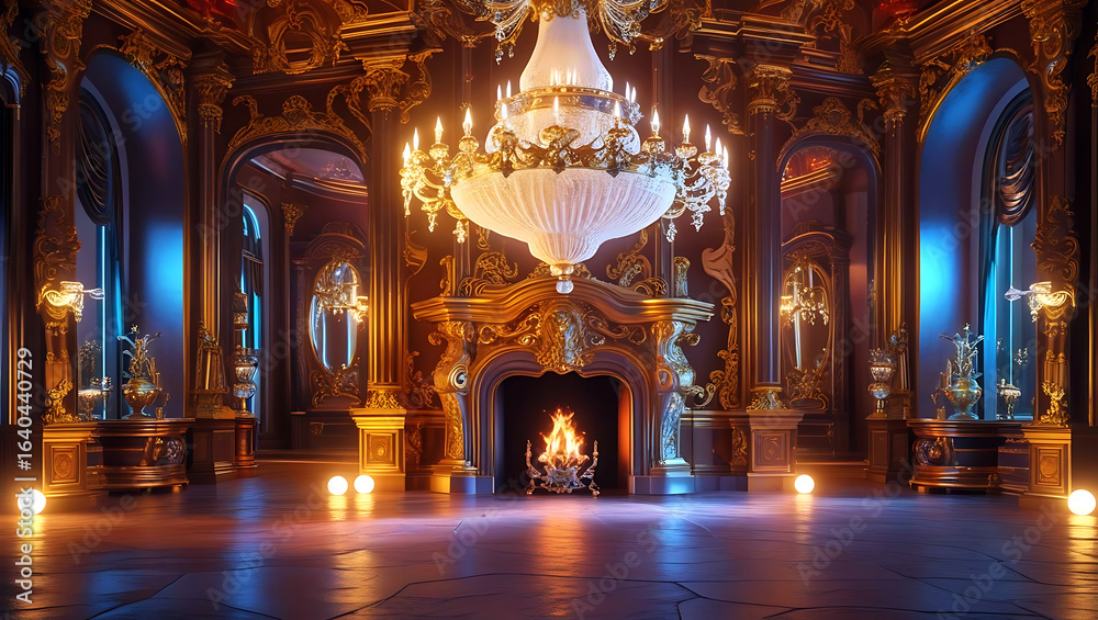 Obraz premium Opulent Royal Ballroom Grand Chandelier Fireplace Warm Ambiance