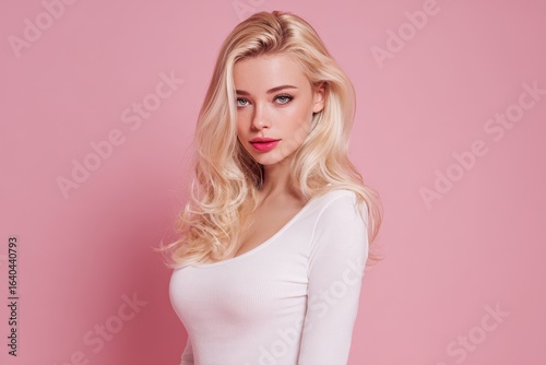 Stunning long blonde locks on a young attractive model in a white bodysuit against a pink backdrop emphasizing fitness and style