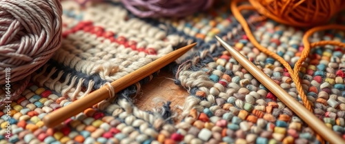 Close-up of knitting needles and yarn beside a damaged rug section awaiting repair,   worn,   antique rug