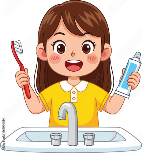 Happy little girl brushing teeth, dental hygiene routine, kids brushing teeth with toothbrush and toothpaste, healthy smile, bathroom sink, oral care